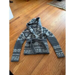 GAP Women’s Lambswool Hooded Belted Cardigan Sweater Gray Fair Isle Size XS